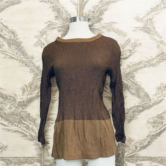 Vintage Brown Patchwork Textured Y2K Boatneck Top Blouse Small Tunic - Picture 1 of 6